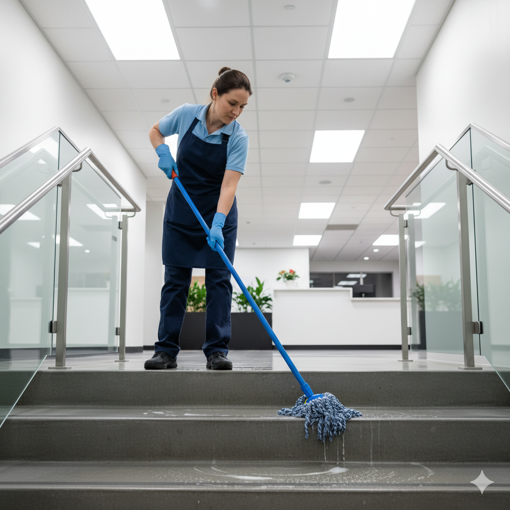 Putzfrau wischt eine grauen Treppe in einer Bürofläche