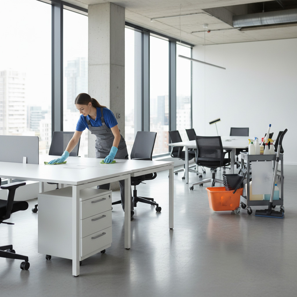 Reinigungskraft in Büro wischt weißen Schreibtisch