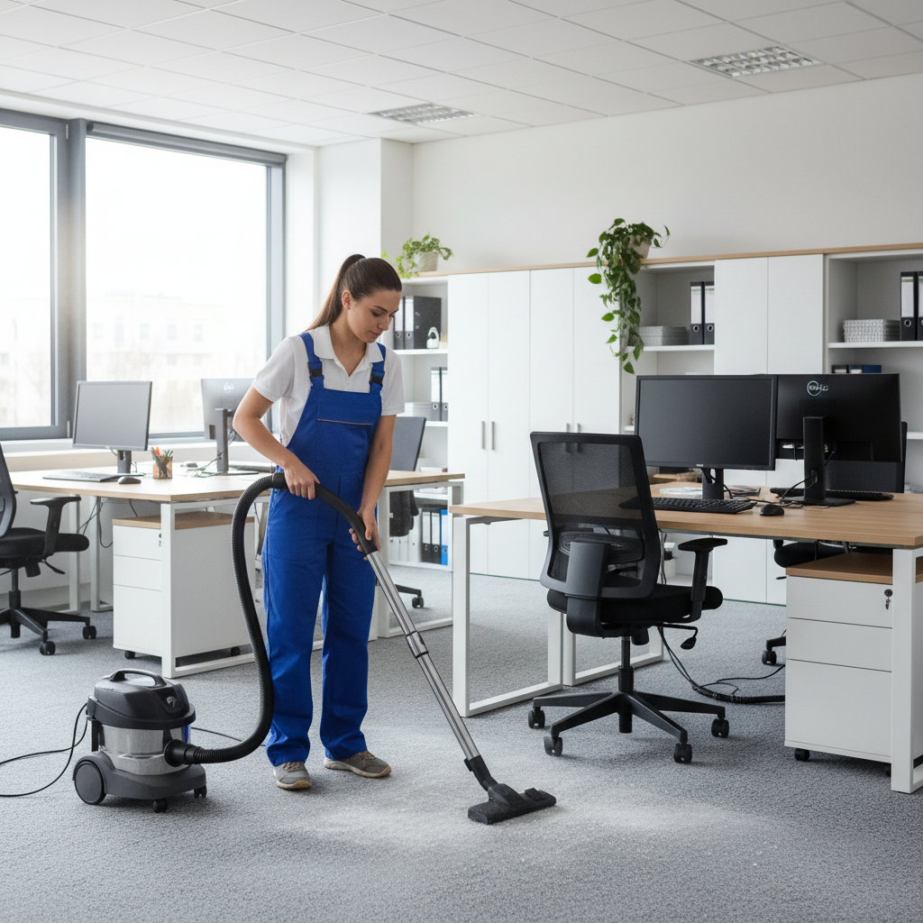 Eine Frau in blauer Latzhose saugt in Büro den hellgrauen Teppich.
