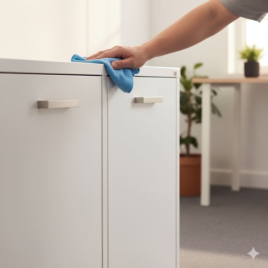 Hand mit Lappen wischt Büroschrank