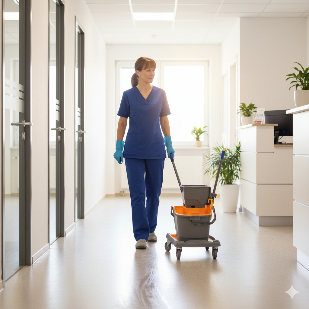 Praxisreinigung Darmstadt Putzfrau läuft mit Reinigungswagen durch Praxisflur