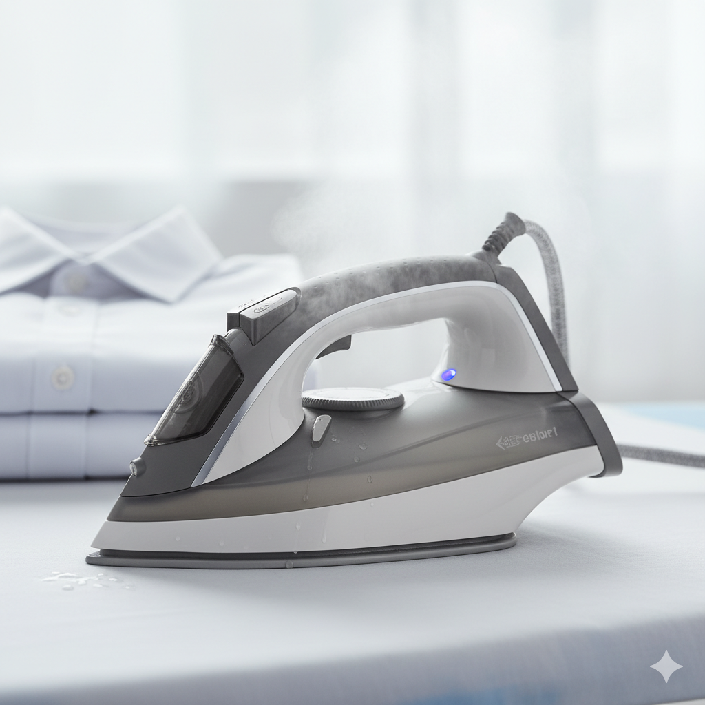 Bügelhilfe Darmstadt Bild eines Bügeleisens, im Hintergrund gefaltete Hemden