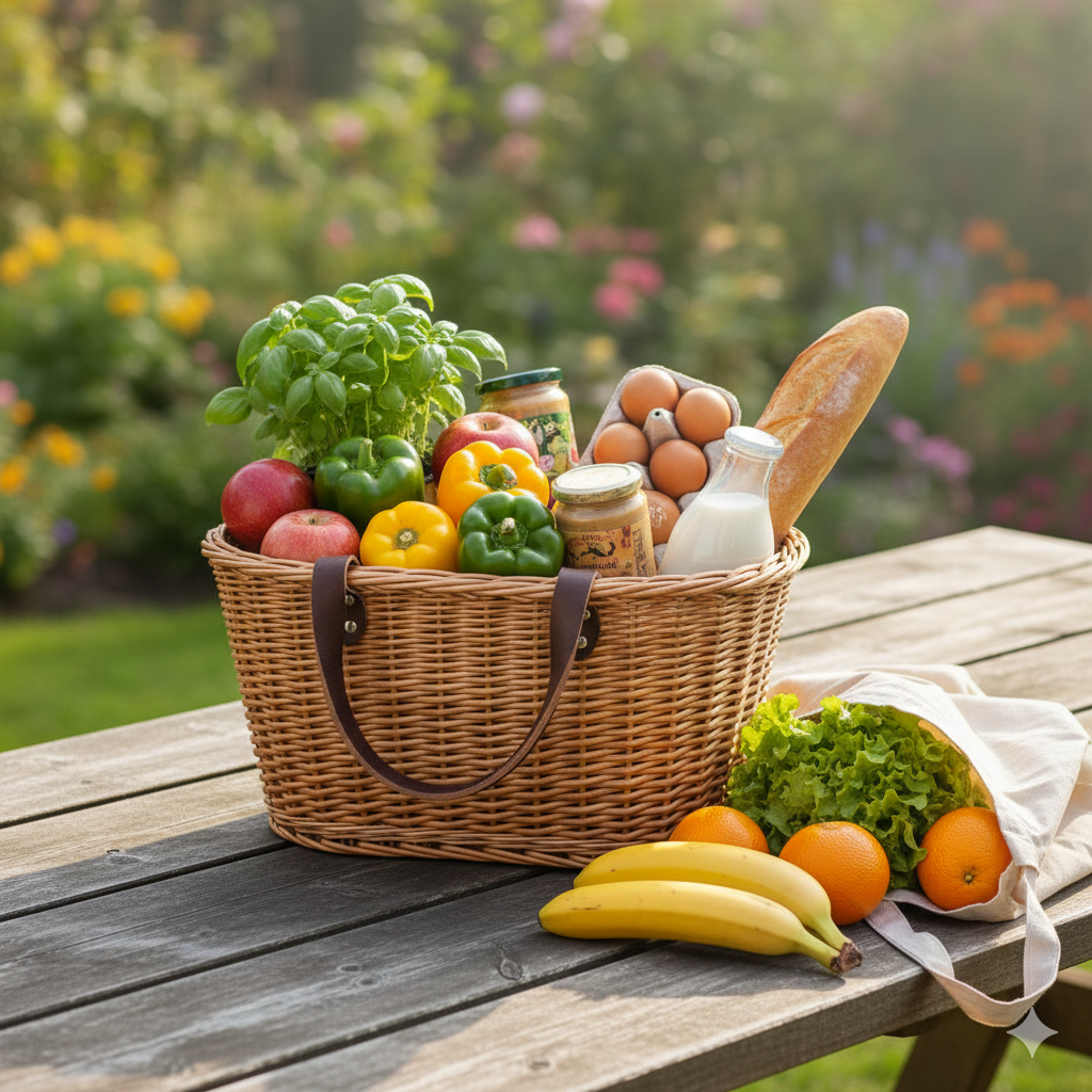 Einkaufshilfe Darmstadt Ein mit Gemüse und Brot gefüllter Bastkorb auf einem Holztisch im Freien