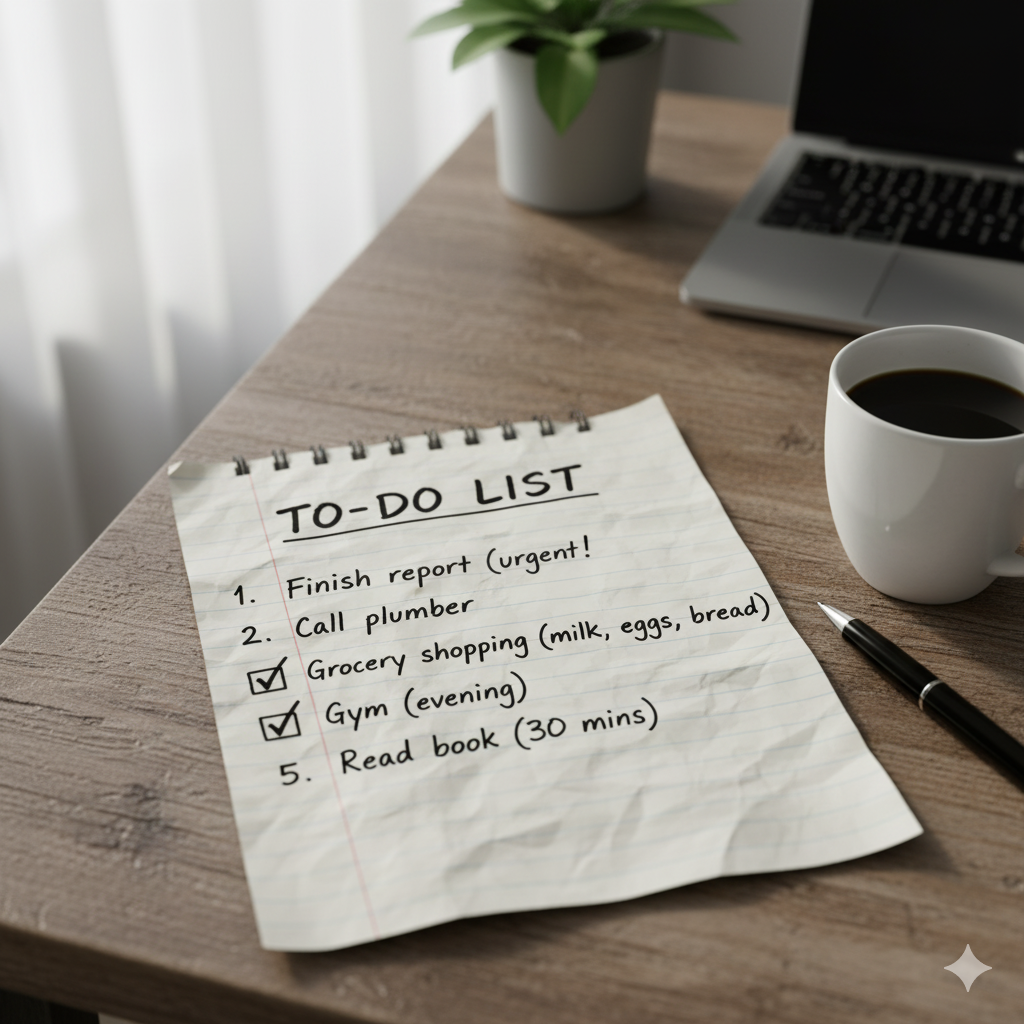 Einkaufshilfe Darmstadt Foto einer Todo-Liste auf einem Holztisch, daneben ein Stift und eine Kaffeetasse