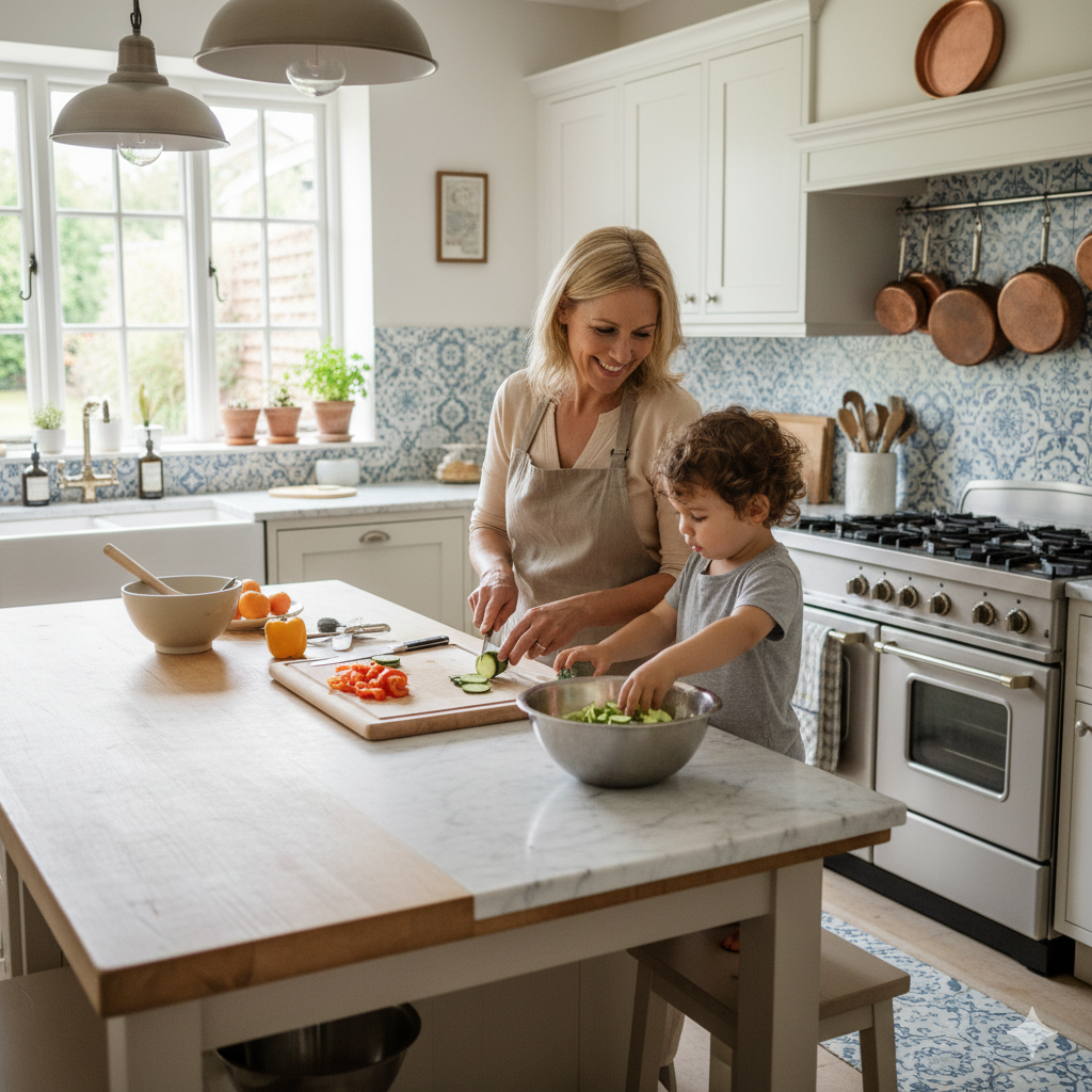 Eine mittelte Frau steht mit einem etwa 5 Jahre alten Jungen an einer Kücheninsel und sie bearbeiten Gemüse