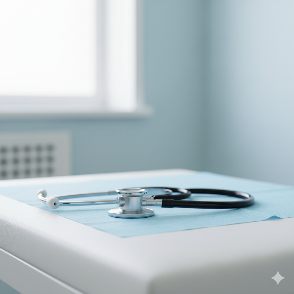 Auf einer weißen Behandlungsliege liegt ein Stethoskop (Close Up)