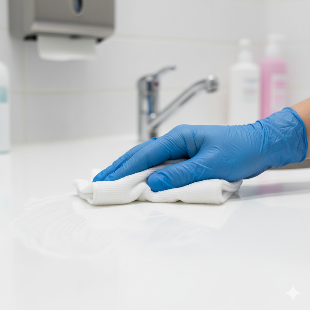 Eine Hand mit einem blauen Gummihandschuh putzt ein Waschbecken.