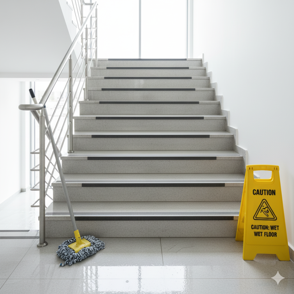 Abschnitt eines breiten, hellen Treppenhauses. Am unteren Ende lehnt ein Wischmopp am Geländer.