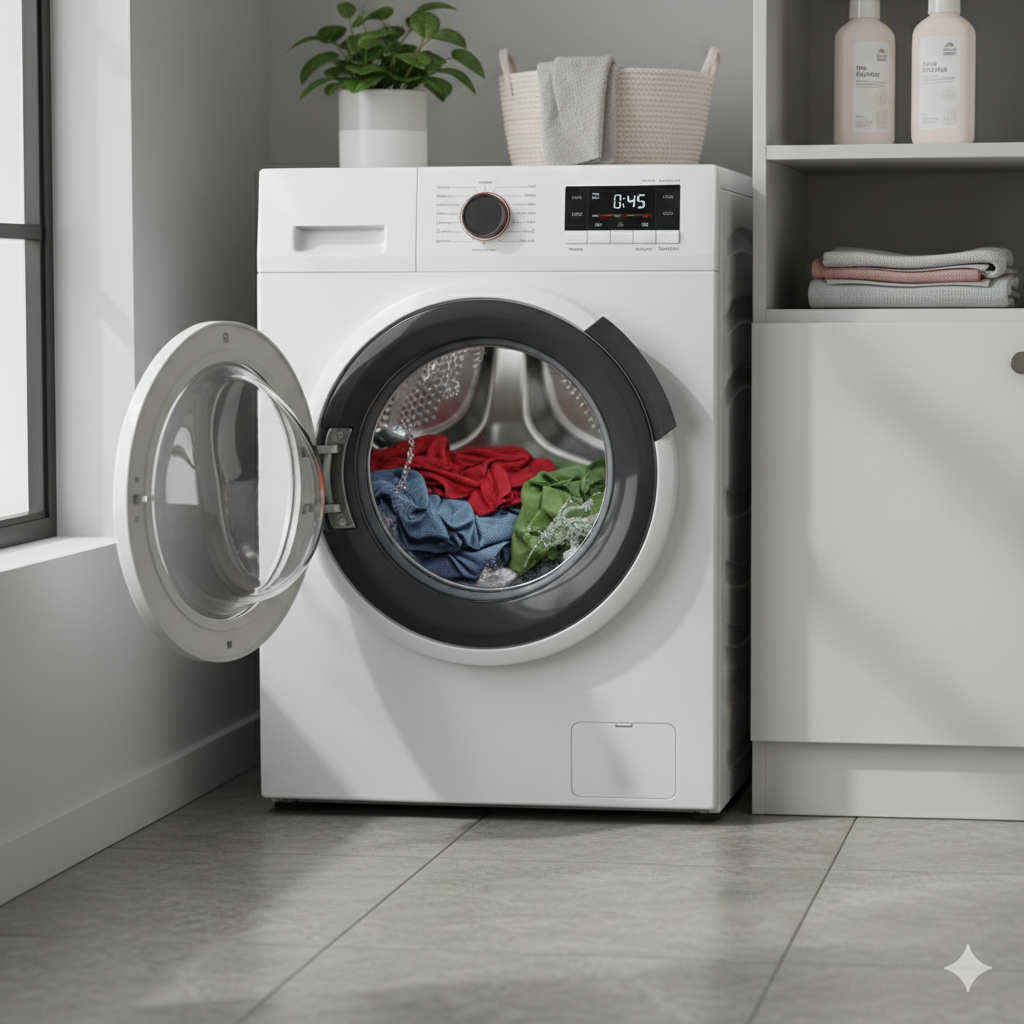 Wäscheservice Darmstadt Bild einer Waschmaschine mit offener Tür, in der Wäsche liegt